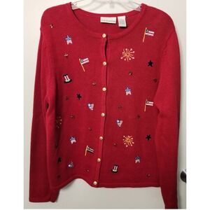 Croft & Barrow Red 4th of July Embroidered Button Cardigan Large Vintage Novelty